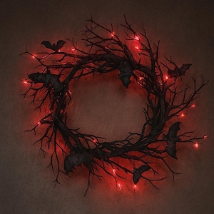 Bat Halloween Wreath with Red Lights, Spooky Gothic Door Decoration, Haunted House Wall Decor, Creepy Fall Branch Wreath
