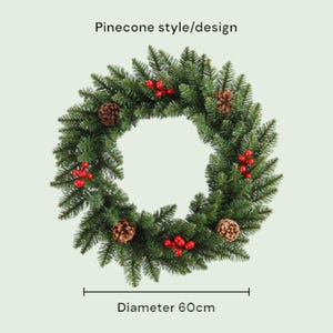 Festive Christmas Wreath, Faux Pine & Rattan with Red Berries And Pinecones, Home Decor, Gift Idea