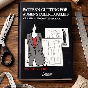 May include: A book titled "Pattern Cutting for Women's Tailored Jackets" by Winifred Aldrich, with illustrations of jacket patterns. The image includes sewing tools like scissors, a measuring tape, and spools of thread, suggesting a sewing theme.