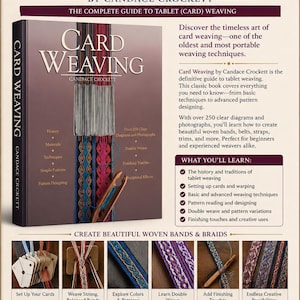 May include: A book titled "Card Weaving" by Candace Crockett, a complete guide to tablet (card) weaving. The cover displays the title in large letters, with examples of woven bands and braids. The book promises to teach the timeless art of card weaving.