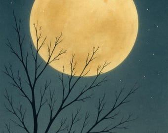 May include: A digital art print featuring a large, golden-yellow full moon against a dark teal sky. Silhouetted tree branches are in the foreground, with a few small stars scattered around the moon.