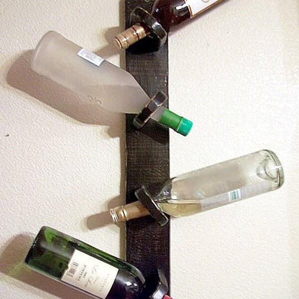SALE Unique Wine Rack in Distressed Black holds 4 bottles hangs on wall and displays wine as art