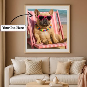 Custom Funny Pet Portrait on Beach Chair – Personalized Dog or Cat Digital Art Download – Cute Animal Wall Art for Pet Lovers Gift