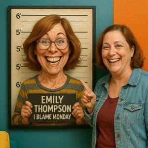 Grappige gepersonaliseerde mugshot-karikatuur, aangepast portret met naam en citaat, cadeau voor hem, haar, vrienden, pensioen, verjaardag, kantoorinrichting