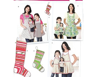 Simplicity 1936 naaipatroon schort, kind 3-8, juffrouw S-M-L, 18 inch poppenschort en kousornamenten