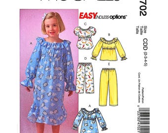 McCall’s M4702 Girls Pajama Sewing Pattern Nightgown Top Pants Size 2-5 Easy Pattern