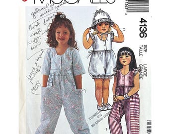 Easy McCall’s 4136 Girls Jumpsuit Pattern Romper Bonnet Sewing Pattern Size Large Vintage 1989