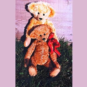 May include: Two plush teddy bears. The top bear is a light tan color, and the bottom bear is a darker brown. The bottom bear has a red bow. The bears are sitting on green grass.