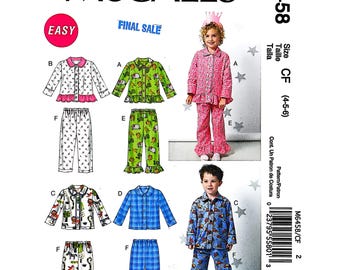 Molde de costura para pijama infantil McCall's M6458, tamanhos 4 a 6, para meninos e meninas.