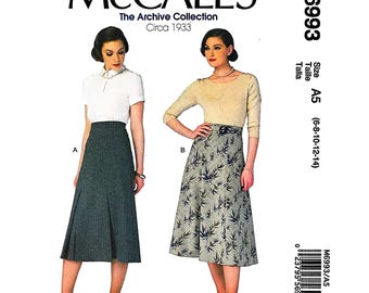 Molde de costura McCall's M6993, Saia da Coleção Archive dos anos 1930, modelo vintage, corte A, midi, tamanho A5, 6 a 14.