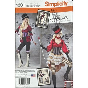 May include: A Simplicity 1301 sewing pattern envelope for fantasy costumes, size U.S. 14-22. The cover displays two costume variations featuring top hats, corsets, striped leggings, and wings, with illustrations and text including Jo-Ann Brown.