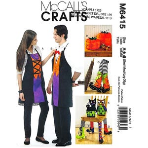 May include: McCall's Crafts Halloween costume pattern M6415. The pattern includes instructions for aprons, pumpkin decorations, witch legs, and chair decorations. The pattern is for adult sizes.