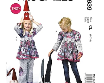 Molde de costura McCall's M6639 para fantasia de túnica, calça e chapéu para meninas, tamanhos 6 a 8 (vintage).
