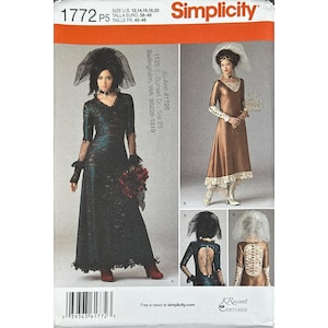 May include: Simplicity pattern 1772 for costumes in sizes 12-20. Features a long black dress with lace overlay and a long bronze dress with white lace trim. Both include veils, long sleeves, and detailed back button closures shown in smaller views.