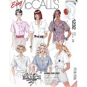 Puede incluir: Patrón de costura McCall's con varios diseños de camisas de pijama. El patrón incluye opciones para camisas de manga corta con ribetes en contraste, detalles de bolsillo y diferentes patrones de tela. La imagen también incluye el texto "Fashion Basics".