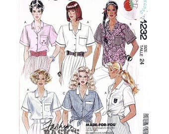 Easy McCall’s 4232 Misses Blouse Pattern Size 24 Vintage 1989 Button Front Shirt Sewing Pattern