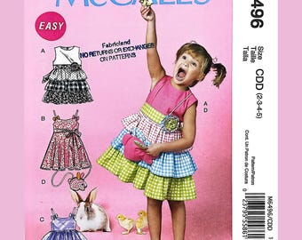 Molde para costura de vestido infantil McCall's M6496 com babados (tamanhos 2 a 5), estilo boutique, com bolsa para cinto.