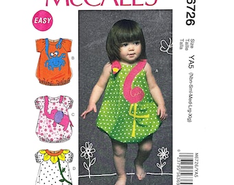 Molde de costura McCall's M6726 para macacão de bebê, roupa infantil com apliques, fácil de fazer, tamanhos YA5 RN-XL, estilo vintage.