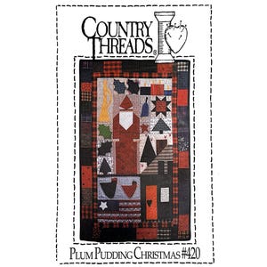 Puede incluir: Un patrón de edredón titulado "Plum Pudding Christmas #420" de Country Threads. El diseño del edredón presenta una figura de Papá Noel, árboles de Navidad y otras formas temáticas navideñas en un estilo patchwork, con un borde a cuadros rojo y negro.