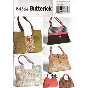May include: A Butterick B4364 sewing pattern envelope featuring illustrations of various tote bags and handbags. The designs include olive green, floral, houndstooth, and paisley patterns with button or strap closures and different handle styles.