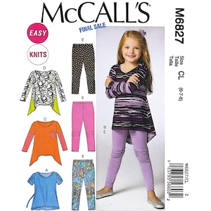 Puede incluir: Patrón de costura McCall's M6827 para ropa de niña. El patrón incluye opciones para tops y pantalones. La imagen muestra a una niña con un top y leggings. El patrón está marcado como "Final Sale" y "Easy Knits."