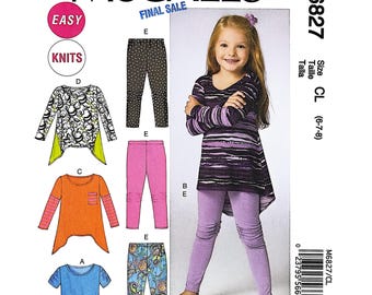 Molde de costura McCall's M6827 para blusas e leggings de malha para meninas, tamanhos CL 6-7-8, estilo vintage.