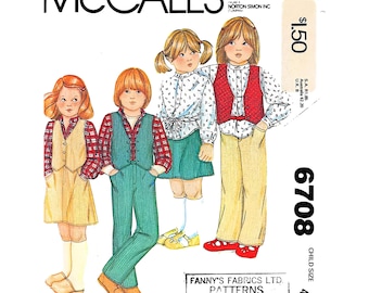 Molde de costura McCall's 6708 para colete, camisa, saia e calça infantil, tamanho 4, estilo vintage.
