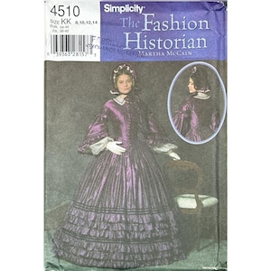 May include: Simplicity sewing pattern 4510, The Fashion Historian by Martha McCain, size KK 8, 10, 12, 14. The envelope features a purple long-sleeved dress with a ruffled skirt, a white collar, and a matching bonnet, shown from front and back.