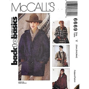 Peut inclure: Une pochette de patron de couture McCall's pour vestes Back to Basics, numéro 6669, taille Y. Le devant présente trois variantes de vestes : une veste à capuche violet foncé, une veste à carreaux noir et blanc et une veste à carreaux rouge et noir.
