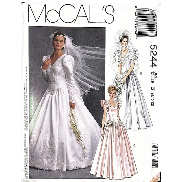 May include: McCall's sewing pattern 5244 for a wedding dress in size B (8, 10, 12). The envelope features illustrations of three white gown variations with long sleeves, puff sleeves, or sleeveless designs, all including veils and full skirts.
