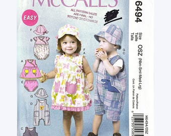 Molde de costura McCall's M6494 para vestido, macacão, jardineira e chapéu infantil (RN-G)