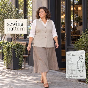 May include: A sewing pattern for a tunic length vest, featuring a beige button-down vest worn over a white collared shirt and a brown skirt. The image includes text that reads sewing pattern and Tunic Length Vest.