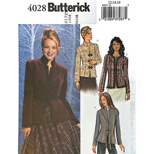 May include: Butterick sewing pattern 4028 featuring jacket designs. The pattern includes sizes 12, 14, and 16. The image shows illustrations of the finished jackets in various styles and colors, including a burgundy jacket and a gray jacket.