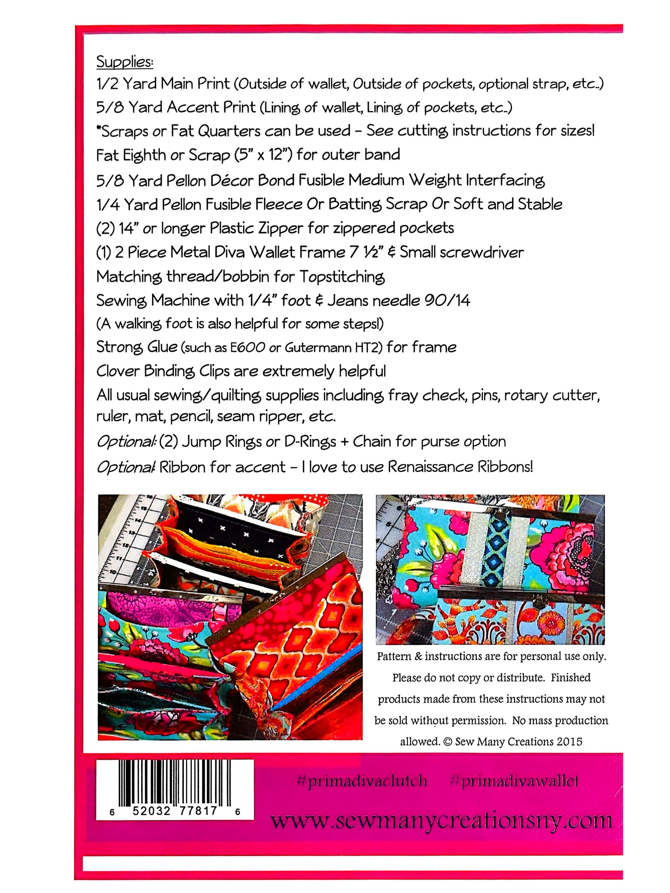 Prima Diva Clutch Wallet Purse Sewing Pattern: Frame Wallet Wristlet ...