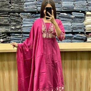 Cotton Anarkali Kurti Set | Embroidery Work | Malmal Dupatta