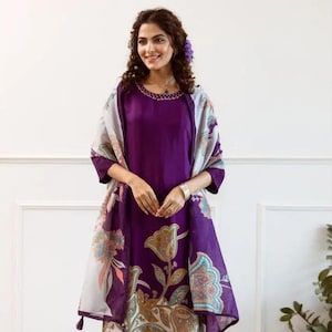 Kitkat Silk Kurti Pant Set | Flower Print Design | Hand Work Neck