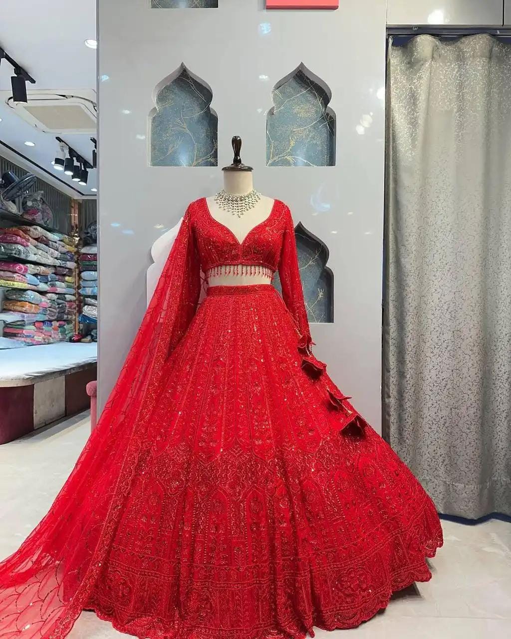 Red Embroidered Net Lehenga Choli - Rent