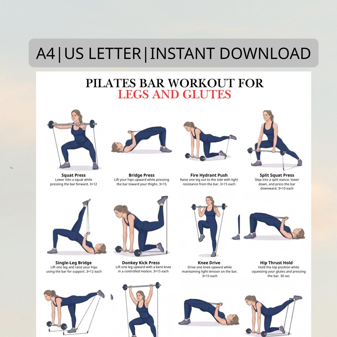 Pilates Bar Legs & Glutes Workout Poster, Lower Body Exercise Chart ...