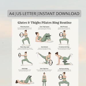 Op de afbeelding: Een fitnessposter met illustraties van Pilates ring oefeningen voor billen en dijen. De oefeningen omvatten squats, lunges en kickbacks, met instructies. De poster is getiteld "Glutes & Thighs Pilates Ring Routine" en is direct te downloaden.
