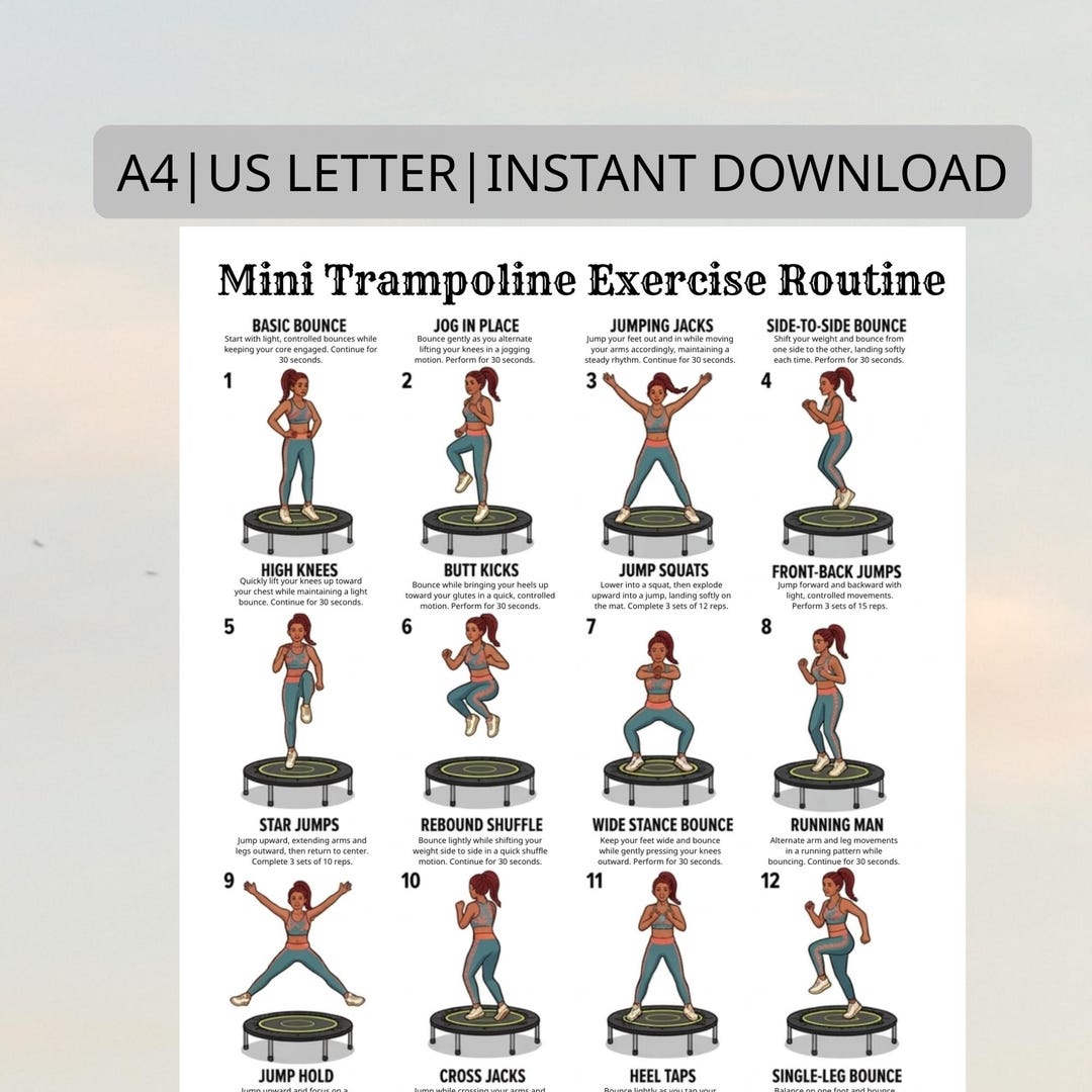 Rebounding Routine Mini Trampoline Workout Poster, Rebounder Exercise Chart for Home ...