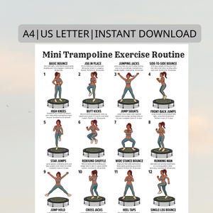 Póster de entrenamiento en minitrampolín, tabla de ejercicios para trampolín para el hogar, rutina de cardio con rebote (PDF imprimible), arte mural de ejercicios en trampolín