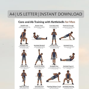 Puede incluir: Una guía de entrenamiento imprimible para el entrenamiento de core y abdominales con pesas rusas. La guía incluye ilustraciones e instrucciones para varios ejercicios, como Deadlift Hold, Russian Twist y Kettlebell Halo. El texto en la parte superior dice "A4 | US LETTER | INSTANT DOWNLOAD".