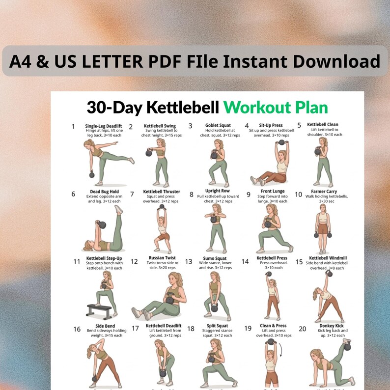 30-day Kettlebell Challenge Poster, Kettlebell Workout Chart, Full Body