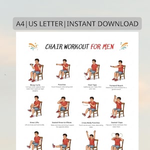 Op de afbeelding: Een afdrukbare trainingsgids getiteld "Chair Workout for Men" met illustraties van oefeningen zoals biceps curls, punches en knieliften. De gids is ontworpen voor direct downloaden en is geformatteerd.