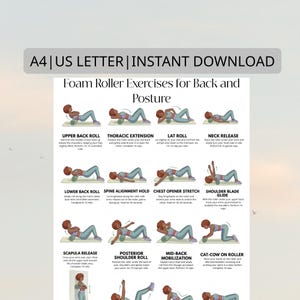 Op de afbeelding: Een afdrukbare gids met foam roller oefeningen voor rug en houding. De gids bevat illustraties en instructies voor verschillende oefeningen, zoals bovenrugrol, thoracale extensie en schouderbladglijden. De tekst bovenaan luidt "A4 | US LETTER | INSTANT DOWNLOAD".