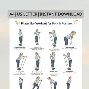 Könnte beinhalten: Ein Pilates-Bar-Workout-Guide für Rücken und Haltung mit illustrierten Übungen und Anweisungen. Die Übungen umfassen Arm Extension Back, Diagonal Pull und Upright Row. Der Text "A4 | US LETTER | INSTANT DOWNLOAD" befindet sich oben.