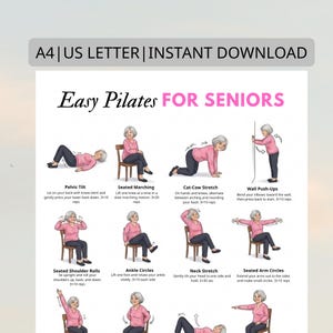 Op de afbeelding: Een afdrukbare gids getiteld "Easy Pilates FOR SENIORS" met geïllustreerde oefeningen. De oefeningen omvatten bekkenkanteling, zittend marcheren, kat-koe-stretch, muur-push-ups, zittende schouderrollen, enkelcirkels, nekstretch en zittende armcirkels.