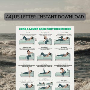 以下が含まれることがあります： A4 US Letterのインスタントダウンロード可能な印刷物で、ベッドで行うコアと腰のルーティンを紹介しています。イラスト付きのガイドには、骨盤チルト、座位でのサイドベンド、ニー・トゥ・チェスト・プルなどのエクササイズが示されています。各エクササイズの指示がテキストに含まれています。