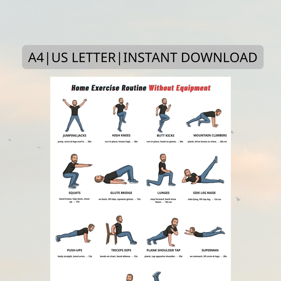 Home Workout Printable – 16 No Equipment Exercises | Full Body Workout ...