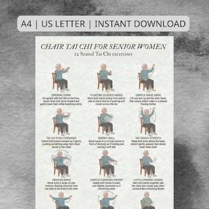 Può includere: Una guida stampabile intitolata "CHAIR TAI CHI FOR SENIOR WOMEN" con 12 esercizi di Tai Chi da seduti. La guida include illustrazioni di ogni esercizio con testo descrittivo. Il testo in alto recita "A4 | US LETTER | INSTANT DOWNLOAD".